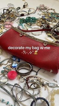 the jane birkin effect⋆.🪐࿔*:･ . . . . . bag decoration, bag charms, jane birkin decoration, diy bag decoration, ribbon, bow, aesthetic bag, aesthetic pinterest bag, thrifted fashion, thrifted jewelry, vintage necklaces