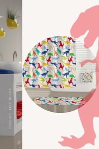 Does your toddler boy love dinosaurs? Looking for dinosaur themed room decor? We love designing kids decor. This colourful dinosaur bathroom shower curtain is made from a water repellent fabric and is available as an extra long curtain. Matching dinosaur bath towels