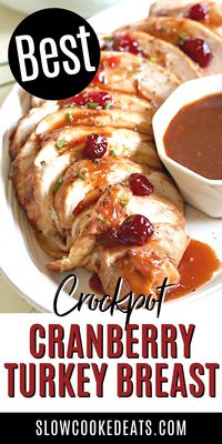 A flavorful and juicy slow cooker turkey breast with the most delicious cranberry gravy! Only 4 simple ingredients and 5 minutes of prep - perfect, right? The perfect easy holiday recipe or dinner idea.