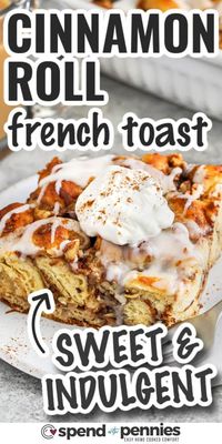 This baked cinnamon roll French toast casserole is just what you need for a simple and delicious breakfast recipe! Made with Pillsbury cinnamon rolls, eggs, brown sugar, cinnamon, and vanilla, it’s a rich, sweet dish with a touch of crunch from the pecans. Bake in just 30-35 minutes or make it overnight for a convenient morning treat. Top with icing and whipped cream for a truly indulgent dish! #spendwithpennies