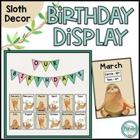 This sloth theme birthday display is a beautiful way to display your student birthdays in your sloth themed, rainforest theme or natural classroom! It features cute watercolour sloth images for each month, plus sloth themed coloured bunting header (in two options). There is also an editable file for you to add your student names to display on the display for each month. **Please see preview above for a closer look!**You can find this resource in my money saving Sloth Classroom Decor Bundle!What'