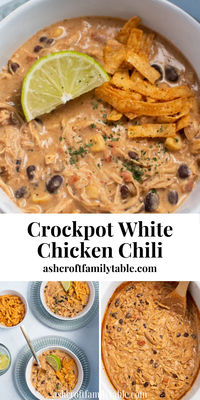 Crockpot white chicken chili with cream cheese is one of our favorite fall crock pot recipes and fall dinner ideas for family. Cozy and comforting, it's the perfect kid-friendly family meal and weeknight dinner recipe. Quick and easy with cheap, budget-friendly ingredients like shredded boneless skinless chicken breasts, corn, black beans, diced tomato, and savory seasonings.