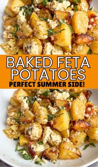 The most delicious and easy baked feta potatoes recipe with lemon. These baked lemon thyme feta potatoes are a delicious one-pot side dish recipe, perfect for summer and pairing with your other favorite sides.