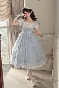 Fabric: Mesh Color: Blue Collar: Square Collar Sleeve Length: Short Sleeves Feature: Ruffle Style: Sweet, Elegant Include: Dress*1 + +Fake Collar*1 + Bowknot*1 Size (IN) Bust Waist Sleeve Length Shoulder Width Length S 31.10-35.83 25.20-29.92 8.27 12.99 42.72 M 33.07-37.80 27.17-31.89 8.66 13.58 43.90 L 35.04-39.76 29.13-33.86 9.06 14.17 45.08 Size (CM) Bust Waist Sleeve Length Shoulder Width Length S 79-91 64-76 21 33 108.5 M 84-96 69-81 22 34.5 111.5 L 89-101 74-86 23 36 114.5