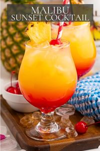 This Malibu Sunset Cocktail tastes as good as it looks. It has the colors of a California sunset and the flavor of a beach vacation.