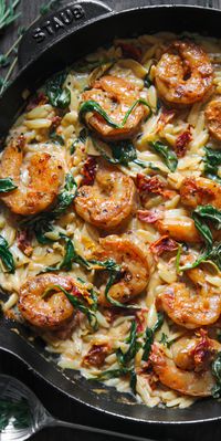 Creamy Shrimp Orzo with Spinach, Sun-Dried Tomatoes, and Artichokes. 30-Minutes, One-Pan Meal.