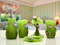 Resin bathroom five piece set, which includes: 2 rinse cups, lotion dispenser, soap dish and toothbrush holder.