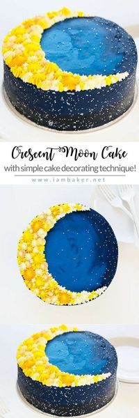 Here's a step by step on how to bake this easy cake recipe with a simple decorating technique- Crescent Moon Cake! All you need are some yellow and blue buttercream frosting to create awesome cake design! Don't forget to check our website for more easy dessert recipes by @iambaker #iambaker #iambakerdessert #iambakercake #cakedecorating