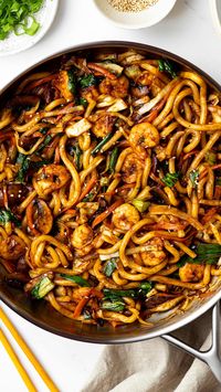 This shrimp udon stir fry recipe is perfect for making a tasty udon noodle stir fry at home that tastes just as delicious as the restaurant version. It has chewy udon noodles, juicy shrimp, fresh vegetables, and the best stir fry sauce ever!