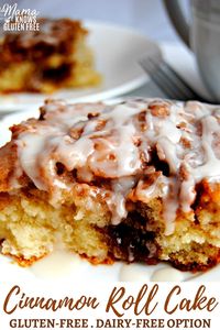 Easy gluten-free cinnamon roll cake. This gluten-free cinnamon cake has both the texture and the taste of a gooey cinnamon roll. Recipe also has a dairy-free option. #cinnamonrolls #glutenfreerecipe #glutenfreedairyfree