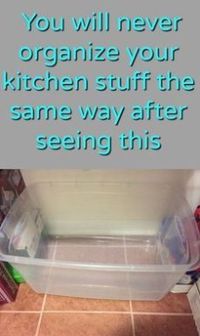 Tired of no place or how to store your cookie sheets, cooling racks and muffin pans? After seeing what she does with a plastic bin, you will never organize your kitchen stuff the same way again! #DIY #Organizing #Kitchen #Hack #pantry #storage #ideas