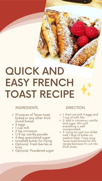 Looking for a delicious and easy breakfast recipe? Try our Quick and Easy French Toast recipe! With just a few simple ingredients, you can whip up this classic breakfast dish in no time. All you need is bread, eggs, milk, and a dash of cinnamon and vanilla extract for flavor. Simply dip your bread slices into the egg mixture and cook on a hot skillet until golden brown. Top with your favorite syrup and enjoy a tasty...