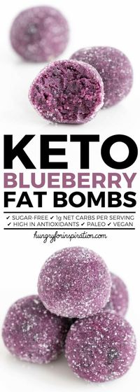 Healthy Blueberry Keto Fat Bombs! Don't they look absolutely gorgeous? No Food coloring or Photoshop used, only natural blueberry goodness. Super Easy Keto Snacks Idea - one fat bomb only has 1g net carbs. Paleo, Vegan & Gluten-free! #keto #ketodiet #ketorecipes #ketodessert #ketosnacks #lowcarb #lowcarbrecipes #lowcarbdiet #lchf #lowcarbsnacks