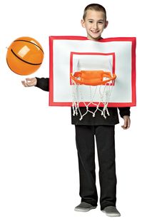 Score big this Halloween with the Hoops Hero Costume from www.Costume-shop.com. Perfect for young basketball fans, this humorous and engaging child's costume transforms your little one into a basketball hoop, complete with an attached wire hoop and net. The costume is crafted from lightweight poly-foam, making it easy to wear over clothing and comfortable for all-night fun. An inflatable basketball is included to allow for slam-dunk action at trick-or-treating or any festive party. Designed to f