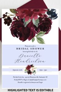 Purchase this listing to instantly download, edit and print your own Burgundy fall floral Bridal Shower Invitations! Download your high resolution 5"x7" template instantly after your payment is complete!