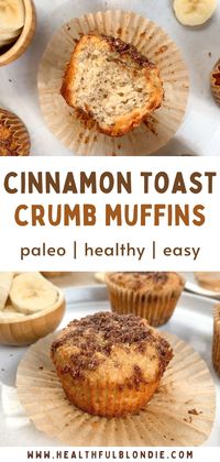 Fluffy paleo cinnamon toast crumb muffins that are healthy, gluten-free, dairy-free, and refined sugar-free. Ready in under 35 minutes, this easy and insanely moist and delicious muffins recipe is perfect as a healthy snack or breakfast. #bananamuffinrecipe #bananarecipes #healthymuffins #healthymuffinrecipe #healthysnackrecipes #healthybreakfastrecipes #mealpreprepbreakfast