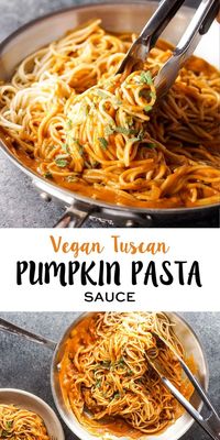 This Vegan Tuscan Pumpkin Pasta is Fall comfort food at its best. The dairy-free sauce takes just minutes to prepare, and it's perfect over your favorite gluten-free pasta or spiralized veggies for a healthy meal!