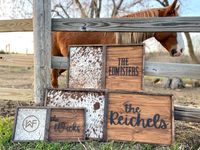 Looking for the perfect addition to your western decor ? This wood frame features genuine cowhide on 1/2" solid pine. Framed with weathered wood for the perfect rustic touch.  Featuring your families last name in 3d laser-cut lettering on the wood side and genuine cowhide on the other perfect for marking and displaying your brand . This piece works great for a branding unity ceremony, a wedding gift or even just to add to your western home decor !  After purchasing I will reach out with a proof with the font options. please respond within 3 business days, otherwise I may choose for you to avoid shipping delays . I will reach out with hide options after your purchase but leave in the notes if you have a color preference !  No brand ? No problem ! I can burn your families brand , logo , or a