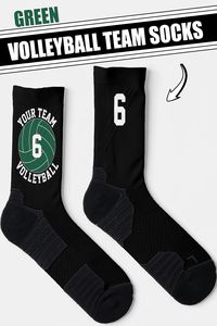 Make your own custom high-performance athletic crew socks for volleyball players and teams with green team colors! Just click to personalize the template and type your own volleyball team name and volleyball player jersey number in the custom text boxes. You can also use the customization tools to change the color of the sock (currently set on black). Makes a great team gift for volleyball teams with green team colors, especially high school and college volleyball teams!