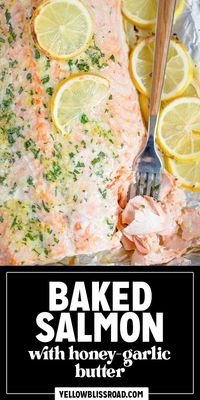 This Easy Baked Salmon recipe is a favorite family dinner! Topped with a simple honey garlic butter and lemon, this easy salmon recipe is sure to become your new go-to as well!