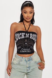 Available In Black. Halter Top Sleeveless Front Screen Lace Trim Drawstring Detail Stretch Disclaimer: Due To The Screen Printing Process A Difference In Saturation May Occur. Each Garment Is Unique. 63% Polyester 33% Cotton 4% Spandex Imported | Rock N Roll On My Mind Halter Top in Black size Medium by Fashion Nova