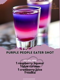 🍇 Get ready to tantalize your taste buds with the vibrant and fun Purple People Eater Shot! 🎉 Purple People Eater Shot Ingredients: - 1/2 oz. raspberry liqueur - 1/2 oz. blue curaçao - 1/2 oz. cranberry juice - 1/2 oz. vodka Instructions: 1. Pour raspberry liqueur into a shot glass. 2. Carefully layer blue curaçao on top of the liqueur. 3. Follow by layering cranberry juice and finally vodka. 4. Serve and enjoy in one swift gulp! 🔮 Unleash your inner mixologist and whip up this colorful s...