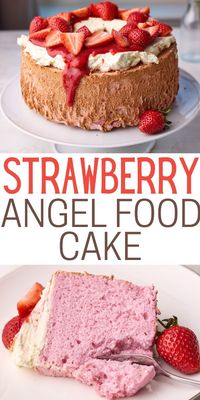 This strawberry angel food cake dessert recipe is made with real strawberries to create an authentic strawberry flavored cake. It is super light and fluffy with cloud-like texture - which makes it one of my new favorite summer dessert recipes.  This angel food cake with strawberries can be made using fresh strawberries or frozen strawberries. Topped with whipped cream and homemade strawberry puree - it's one of the easiest strawberry dessert recipes which alwasy looks amazing.  The pink cake is super pretty and makes it the perfect dessert for special occasions. This strawberry flavored angel food cake is one of the best dessert recipes for people who don't have a sweet tooth as it a light and fluffy cake. As fresh fruit desserts go, this is one of the best baking ideas for a crowd.