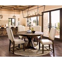 Complete and elevate the look of your dining room with this set, which comes with a round, 54” diameter table, and four side chairs. All pieces are crafted from solid and engineered wood with a light oak finish that highlights the natural grain variation. We love the pedestal-style table base that leans into a rustic, French country aesthetic. Foam and easy-care polyester in a warm beige hue cover the chair seats and solid, gracefully arched backs. Hosting a potluck supper or a buffet? Move the