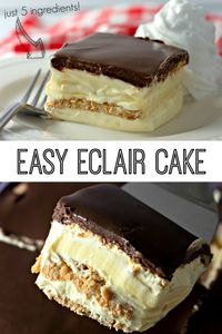 No Bake Eclair Cake is the perfect dessert to whip up in a snap and serve for any occasion. Rich vanilla pudding mixed with whipped cream and layered between graham crackers then topped with sweet chocolate frosting, everyone will enjoy this easy icebox cake!