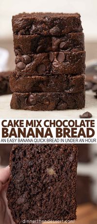 Cake Mix Chocolate Banana Bread is an easy banana quick bread made with chocolate chips and cake mix in under an hour. #cakemixbread #quickbread #bananabread #chocolatebread #chocolatecakemixbread #cakemixbread #dessert #dinnerthendessert