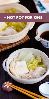 Hot Pot for One with Napa Cabbage & Sliced Pork Belly (白菜と豚バラの一人鍋) - Fast, easy Hot Pot for One. Tender pork belly cooked in a delicious and savory katsuo dashi with napa cabbage and enoki mushrooms.  Inspired by Midnight Diner Japanese drama. #hotpot #nabe #Japanesefood #asianrecipes #quickhealthymeals | Easy Japanese Recipes at JustOneCookbook.com