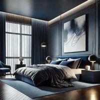 Modern and sophisticated design with dark blue walls and curtains. The plush bed, adorned with crisp white bedding, offers a striking contrast. Sleek contemporary furniture and abstract artwork complete the elegant and inviting atmosphere.