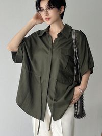 Army Green Casual Collar Short Sleeve Woven Fabric Plain Shirt Embellished Non-Stretch  Women Clothing