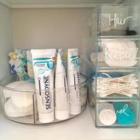 bathroom toiletry refill storage: Clear Divided Lazy Susan & Acrylic Stackable Drawer Organizers @anurturednest