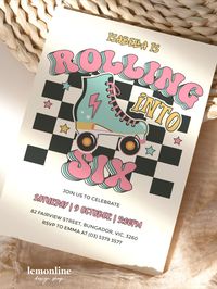 Get ready to roll with our awesome Roller Skate Invitation! This invitation is perfect for an epic 6th birthday party at the rink or at the park. Lace up your skates, gather your crew, and get ready to have a blast on wheels. Don't miss out on the fun—grab your invitation and let's roll into an unforgettable celebration! #rollerskate #skateinvite #rollerskateinvite