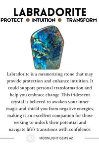 Unveil the mystical energy of Labradorite! This captivating crystal is known for its ability to enhance intuition and protect against negative energies. Labradorite is said to promote spiritual growth, boost creativity, and strengthen your inner strength. It may help you release fears, improve focus, and inspire transformation. Perfect for meditation and personal empowerment, Labradorite could be your go-to crystal for a life filled with magic and insight. Embrace the transformative power of Labradorite today! 🌟🔮  #Labradorite #CrystalHealing #Intuition #Protection #HealingCrystals #SpiritualGrowth #Creativity #InnerStrength #Meditation #Transformation