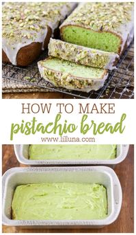 Easy and delicious Frosted Pistachio Bread is especially sweet. The best part is it's glazed and involves no yeast!! #pistachiobread #breadrecipe #pistachio #quickbread