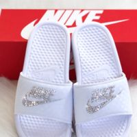 Women's Bling Nike Slides. Each Shoe Is Hand Designed With Crystals Being Placed One By One, Making This A Time Consuming Process But The End Result Is Truly An Amazing Work Of Art. Made To Order. Please Allow 2 Weeks To Ship. Dm After Purchasing To Discuss Bling Color Change If Needed, Be Sure To Check My Other Bling Shoe Listings For Different Gem Colors & Designs. Custom Orders Are Welcome. Please Notify Me First If You Need Your Order By A Certain Date. There Is A Rush Order Fee.