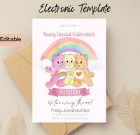 CareBear Birthday Invitation, Printable and Digital Care Bears Invite, Watercolor Pastel Colors by XpressInvites on Etsy