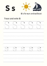 practice writing alphabet S. trace letters. school readiness. activities for toddlers and pre-schoolers.