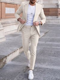 2pcs Men's Solid Color Suit Set (Jacket & Trousers) Apricot Casual    Colorblock,Plain  Non-Stretch  Men Clothing, size features are:Bust: ,Length: ,Sleeve Length: