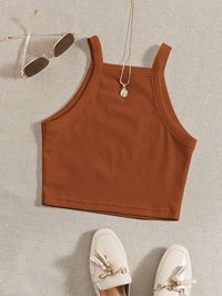 Brown Casual   Polyester Plain Cami Embellished Slight Stretch Summer Women Tops, Blouses & Tee