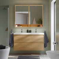 ÄNGSJÖN / BACKSJÖN Bathroom vanity with sink & faucets, oak effect, 48 1/8x21x27 1/2 ". ÄNGSJÖN bathroom furniture has a modern appeal with minimal details so you can start each day with a clean slate. This combo has 2 spacious drawers and a double wash-basin that can handle the morning rush. Frame/ Middle rail/ Bottom panel/ Drawer divider/ Drawer sides/ Drawer back: Particleboard.