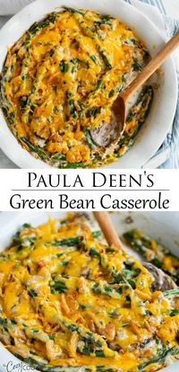 This homemade Green Bean Casserole recipe from Paula Deen is an easy make-ahead side dish idea for holidays and family dinners. It's full of simple ingredients and is all topped with warm, melted cheese. #greenbeancasserole #pauladeen #makeahead #sidedish #thanksgiving #christmas