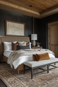 Step into the sophisticated world of this earthy modern bedroom. Rich wood elements and a muted color scheme create a space that’s both elegant and grounded, ideal for a tranquil and stylish escape.