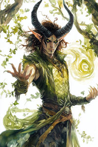 A brooding Tiefling Druid has long, dark, swirling horns and auburn skin that speaks at his origins. His piercing green eyes contrast his infernal nature and are a testament to his life in the wild. Adorned in robes woven with enchanted ivy, Faelgor wields a gnarled staff crowned with vibrant green crystals. #tiefling #druid #character #dnd #characterart #dndart #dungeonsanddragons #dungeonsanddragonscharacters #fantasyart #dndcharacternames. 