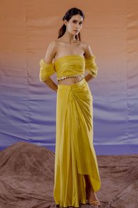 Buy Payal & Zinal Yellow Bamberg Satin Draped Skirt Set Online | Aza Fashions