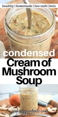 Condensed cream of mushroom soup is a deliciously healthy version of the canned soup! You'll LOVE this keto cream of mushroom soup! This keto soup recipe can be used as a substitute whenever a recipe calls for a can of condensed cream of mushroom soup. Keto followers rejoice - this is lower in carbs than canned, AND it is chemical-free with no sugar! Simply add milk to turn into a rich and delicious keto soup recipe from dinner! Yum. #soup #keto #lowcarb #sugarfree #glutenfree #seekinggoodeats