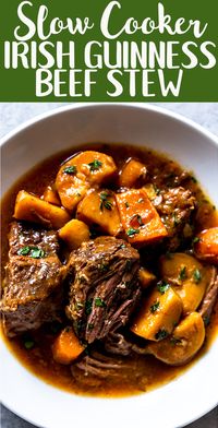 This Slow Cooker Irish Beef Stew is full of fall apart tender beef, potatoes and carrots, with a rich broth flavored with Guinness.  After cooking all day in the Crock pot, enjoy this Guinness beef stew on St. Patrick's day or any other day of the year! Crock pot beef stew | St. Patrick's day recipes | Easy Irish beef stew | beef chuck recipes