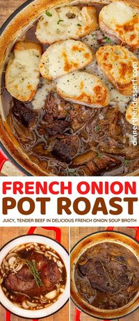 French Onion Pot Roast is an all-in-one dinner with tender chuck roast cooked in a rich French onion soup broth.